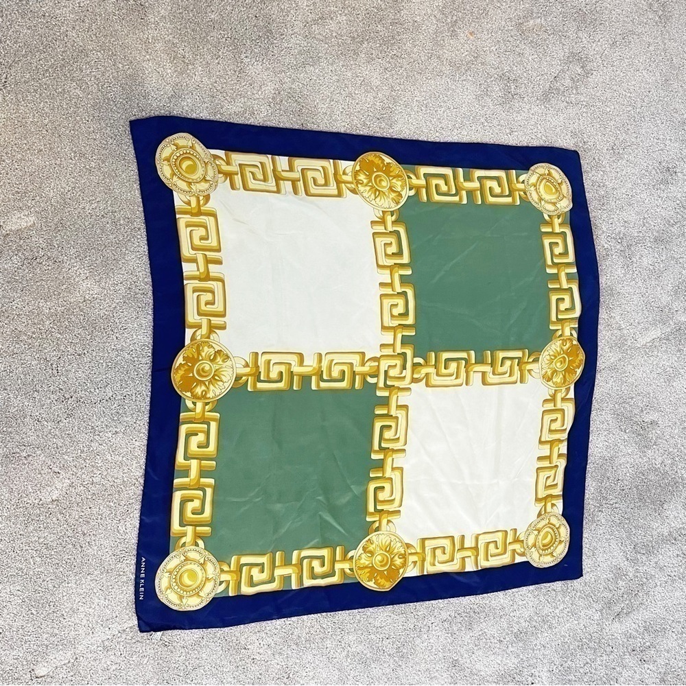 Vintage ANNE KLEIN Women’s Blue Gold Medallion Baroque Silk Scarf Italy 34”X34”
